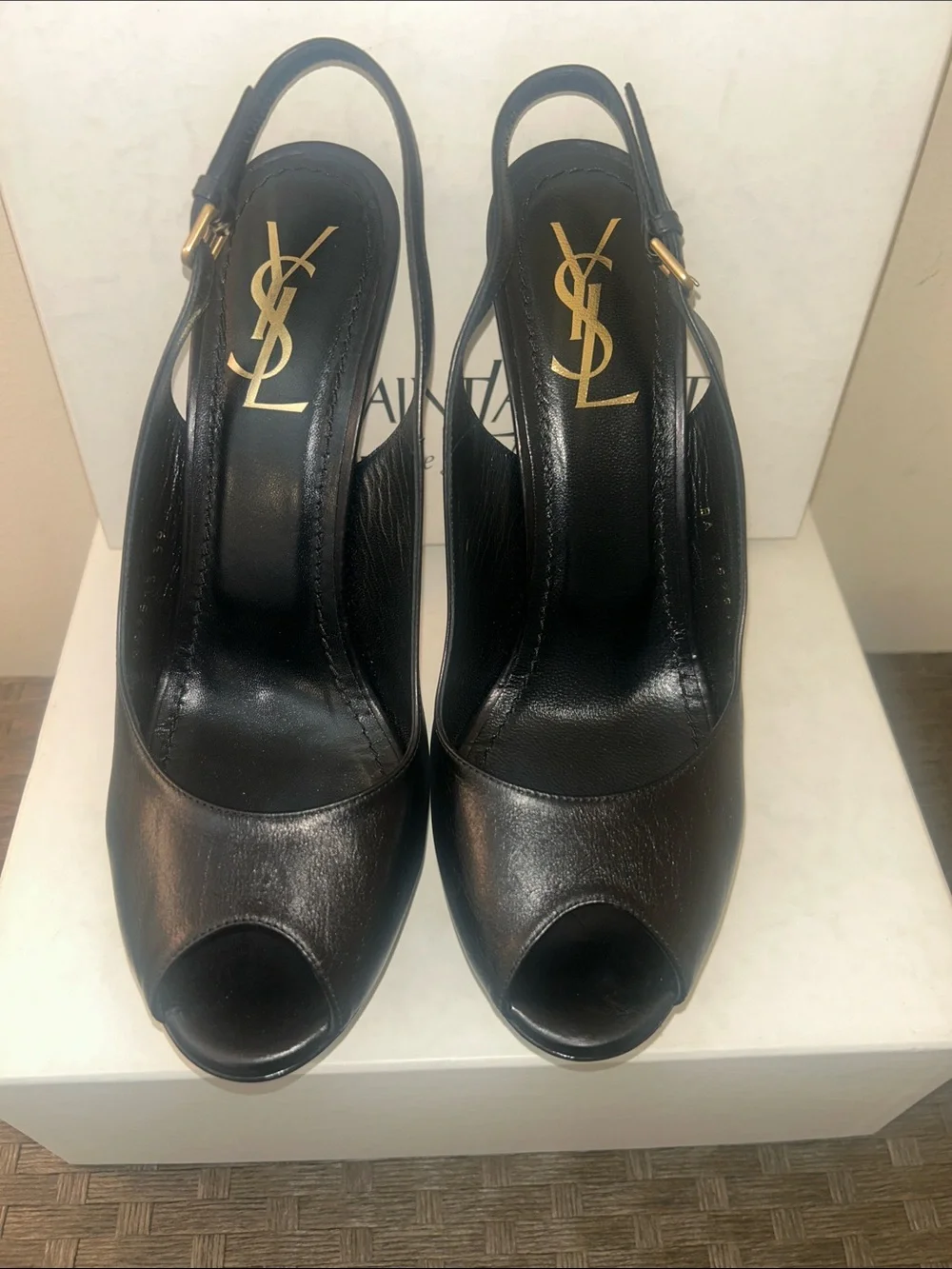 Saint Laurent Black Leather Peep-Toe Slingback Pumps with Gold YSL Logo - Picture 2 of 8